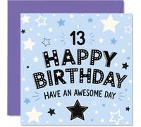 Carte d'anniversaire ludique pour 13e anniversaire - Énergie d'anniversaire - 13 étoiles dispersées et lettrage optimiste - Carré de 145 mm, enveloppe incluse