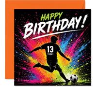 Carte d'anniversaire ludique pour 13e anniversaire - Explosion d'énergie - Silhouette de footballeur néon et motif éclaboussures de peinture - Carré de 145 mm, enveloppe incluse