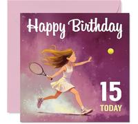 Carte d'anniversaire ludique pour 15e anniversaire - Jeu - Match to You - Teen amoureux du tennis en action sur un fond violet rose rêveur - Carré de 145 mm, enveloppe incluse