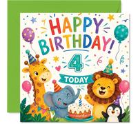 Carte d'anniversaire ludique pour 4ème anniversaire - Smiles All Round - Animaux colorés avec ballons et gâteau - Débordant de joie d'anniversaire - Carré de 145 mm, enveloppe incluse