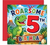 Carte d'anniversaire ludique pour 5e anniversaire - Roar with Laughter - Dessin animé coloré de T-rex et scène de volcan pour un 5e anniversaire fou de dinosaure - Débordement de jungle - Carré de 145