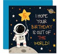 Carte d'anniversaire ludique pour 5ème anniversaire - Amusant hors du monde - Scène d'astronaute et de lune avec un ballon étoile marqué 5 - Explosion d'aventure d'anniversaire - Carré de 145 mm