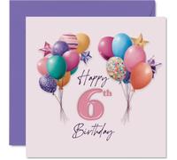 Carte d'anniversaire ludique pour 6e anniversaire - Big Birthday Cheers - Ballons colorés et étoiles scintillantes entourant un carré rose vif de 6 à 145 mm, enveloppe incluse