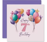 Carte d'anniversaire ludique pour 7e anniversaire - Ballons colorés, étoiles et chiffre 7 rose vif - Motif joyeux pour leur grand jour - Carré de 145 mm, enveloppe incluse