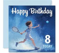 Carte d'anniversaire ludique pour 8e anniversaire - Jeu Match à l'étoile d'anniversaire - Illustration d'un garçon de tennis énergique sur bleu vif - Carré de 145 mm, enveloppe incluse