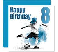Carte d'anniversaire ludique pour 8e anniversaire, « Kick off an Epic Year | Garçon fou de football avec éclaboussures de peinture bleue audacieuse et numéro géant 8, carré de 145 mm, enveloppe incluse
