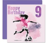 Carte d'anniversaire ludique pour 9e anniversaire avec inscription « Score | Aquarelle Football Girl en rose et violet, ambiance sportive énergique pour jeunes fans, carré de 145 mm, enveloppe incluse