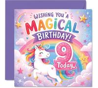 Carte d'anniversaire ludique pour 9e anniversaire - Licorne scintillante saute à travers un arc-en-ciel - Magie fantaisiste de 9e anniversaire avec étoiles souriantes et cœurs pastel - Carré de 145 mm