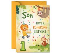 Carte d'anniversaire ludique pour fils - Animaux festifs et confettis colorés - Lion sur patins avec gâteau, paresseux, singe et crocodile - A5, enveloppe incluse