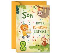 Carte d'anniversaire ludique pour fils - Débordant de plaisir dans la jungle - Animaux de fête, gâteau et confettis pour créer une fête sauvage - A5, enveloppe incluse
