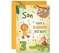 Carte d'anniversaire ludique pour fils - Fête de la jungle - Équipage d'animaux colorés avec gâteau, confettis et chapeaux de fête - Façon rugissante de tourner trois - Format A5, enveloppe incluse