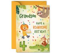 Carte d'anniversaire ludique pour petit-fils - Amusant rugissant pour leur grand jour - Fête d'animaux colorés avec lion sur patins et gâteau - A5, enveloppe incluse