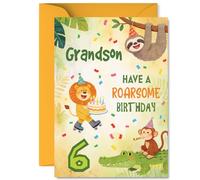 Carte d'anniversaire ludique pour petit-fils - Avec lions, paresseux et singes colorés - Format A5 - Enveloppe incluse