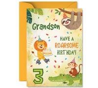 Carte d'anniversaire ludique pour petit-fils - Rugissement avec rire - Animaux de la jungle, gâteau et confettis à gogo - Lumineux, amusant pour son grand jour - A5, enveloppe incluse