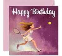 Carte d'anniversaire ludique - Serve Up Birthday Smiles - Illustration énergique de tennis Girl sur violet rêveur - Pour célébrations sportives et fans de tennis - Carré de 145 mm, enveloppe incluse