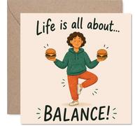 Carte d'anniversaire ludique - Trouvez votre équilibre intérieur - Pose de yoga avec hamburgers et jeu de mots sur la langue dans les joues - Carré de 145 mm, enveloppe incluse
