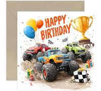 Carte d'anniversaire Monster Truck pour jeune garçon, neveu, fils, petit-fils, filleul, frère, 4e, 5e, 6e, 7e, 8 ans, intérieur vierge avec enveloppe