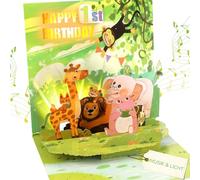 Carte d'anniversaire musicale pour enfant 1 an - Animaux 3D - 1ère carte d'anniversaire avec musique et lumière - Carte pop-up chantante pour 1er anniversaire - Pour garçon et fille
