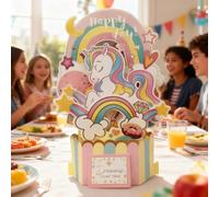 Carte d'anniversaire pop-up 3D, motif licorne arc-en-ciel | 1 carte en papier debout, scène licorne et arc-en-ciel, paillettes étoiles et lune, présentoir de table de fête