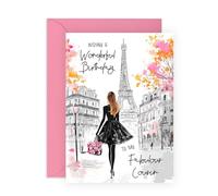 Carte d'anniversaire pour femme - Magnifique cousine - Cadeau pour elle, dames, famille, famille, parents, filles - Belle à Paris - Livré avec des autocollants amusants