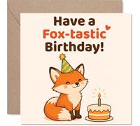 Carte d'anniversaire renards - Have a Fox-tastic Birthday - Renard ludique avec chapeau de fête avec gâteau et bougie - Carré de 145 mm, enveloppe incluse