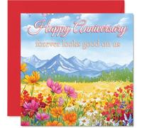 Carte d'anniversaire romantique - Forever Looks Good on Us - Prairie de fleurs sauvages colorées avec marguerites et cosmos, montagnes bleues et ciel lumineux - Carré de 145 mm, enveloppe incluse