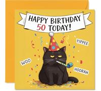 Carte d'anniversaire sarcastique 50 ans - Party Mood? Not This Cat - Grumpy Feline dans un chapeau de fête et des confettis - Dry Wit for Milestone Birthday - Carré de 145 mm, enveloppe incluse