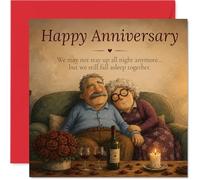 Carte d'anniversaire sentimentale - Cosy Nights in and Cheeky Naps - Couple de personnes âgées illustré avec roses, vin et bougie - Carré de 145 mm, enveloppe incluse