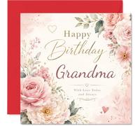 Carte d'anniversaire sentimentale pour grand-mère - Vœux chaleureux et amour sincère - Rose aquarelle roses avec cœurs dorés - Carré de 145 mm, enveloppe incluse