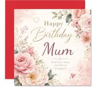 Carte d'anniversaire sentimentale pour maman - Roses aquarelles douces et cœurs en feuille d'or - Motif floral élégant avec tons blush et crème - Carré de 145 mm, enveloppe incluse