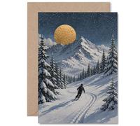 Carte d'anniversaire sincère - Chase Adventure under a Golden Moon - Skier Gliding Through a Snowy Mountain Night - 12,7 x 17,8 cm, enveloppe incluse