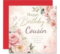 Carte d'anniversaire sincère pour cousin - avec inscription « With Love Today and Always » - Élégant motif floral blush et cœur doré - Carré de 145 mm, enveloppe incluse