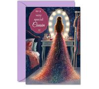 Carte d'anniversaire sincère pour cousin - Brillez de mille feux sur votre jour spécial - Miroir de courtoisie glamour et scène de robe de soirée étincelante - Format A5, enveloppe incluse