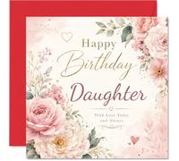 Carte d'anniversaire sincère pour fille - Souhaits chaleureux avec roses aquarelles élégantes - Fleurs roses douces, accents dorés et cœurs doux - Carré de 145 mm, enveloppe incluse