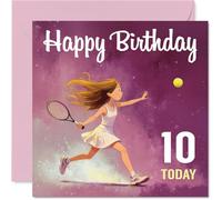 Carte de 10e anniversaire ludique - Serve Up a Smashing Birthday - Illustration inspirée du tennis avec un as de fille et des étoiles violettes vives - Carré de 145 mm, enveloppe incluse