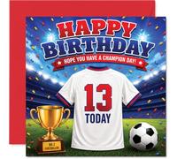Carte de 13e anniversaire ludique - Score Big Laughs on Their Special Day - Maillot de football audacieux et trophée dans une scène de stade animée - Carré de 145 mm, enveloppe incluse