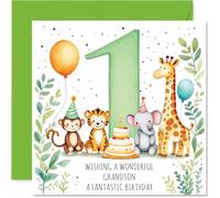 Carte de 1er anniversaire ludique pour petit-fils - Débordant de joie d'anniversaire - Animaux mignons célébrant dans une touche de couleurs vives - Carré de 145 mm, enveloppe incluse