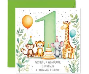 Carte de 1er anniversaire ludique pour petit-fils - Débordant de joie d'anniversaire - Animaux mignons célébrant dans une touche de couleurs vives - Carré de 145 mm, enveloppe incluse