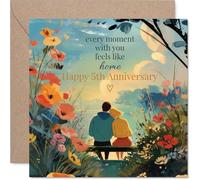 Carte de 5e anniversaire de mariage - Coucher de soleil douillet - Couple illustré sur un banc entouré de fleurs vibrantes - Carré de 145 mm, enveloppe incluse