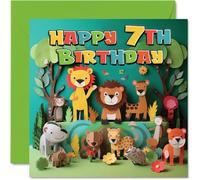 Carte de 7e anniversaire pour garçons et filles - Animaux de la jungle - Carte d'anniversaire de 7 ans pour garçon et fille, cartes de 7 ans pour lui, elle, 145 mm x 145 mm pour neveu, nièce, enfants