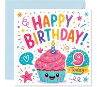 Carte de 9e anniversaire ludique - Bursting with Birthday Cheer - Cupcake coloré avec étoiles, confettis et grand chiffre carré de 9 à 145 mm, enveloppe incluse