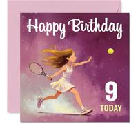 Carte de 9e anniversaire ludique - Swinging into Birthday Fun - Fille qui aime le tennis dans une pose d'action étincelante - Couleurs vives pour célébrations sportives - Carré de 145 mm, enveloppe
