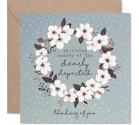 Carte de condoléances - Mots doux dans un moment difficile - Élégante couronne florale blanche sur bleu poudré doux - Carré de 145 mm, enveloppe incluse