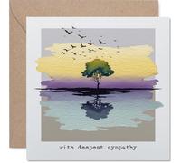 Carte de condoléances - Réflexion calme pour les moments difficiles - Arbre aquarelle avec paysage en miroir et oiseaux doux - Carré de 145 mm, enveloppe incluse