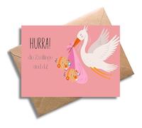 Carte de félicitations avec enveloppe - Belle carte de vœux pour la naissance de jumelles « Hourra ! Die Zwillinge sind da ! » Jolie carte cadeau de grossesse, naissance, jumeaux, baby shower (DIN A6)