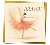 Carte de félicitations Bravo Ballerine - Design élégant de ballet aquarelle - Carré 145 mm x 145 mm - Performance ou récital Congratulations - Enveloppe dorée incluse