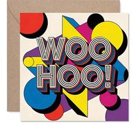 Carte de félicitations ludique - Bursting with Excitement - Formes géométriques audacieuses aux couleurs vives et texte ludique « WOO HOO! » - Carré de 145 mm, enveloppe incluse