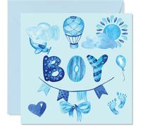 Carte de félicitations pour bébé garçon - Aquarelles bleues - Cartes de félicitations pour nouveau-né, Well Done Congrats New Baby Cards, Welcome To The World Home Gifts 145 mm x 145 mm