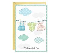 Carte de fête prénatale - Carte de naissance 3D pour garçon ou fille - Cartes de bienvenue dans le monde avec enveloppe et autocollant sceau - Motif corde à linge - Welcome Little One - Cadeaux de