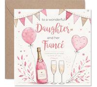 Carte de fiançailles sincère - Raise a Glass to Love - Carte rose et dorée avec bulles, fanions et cœurs - Carré de 145 mm, enveloppe incluse